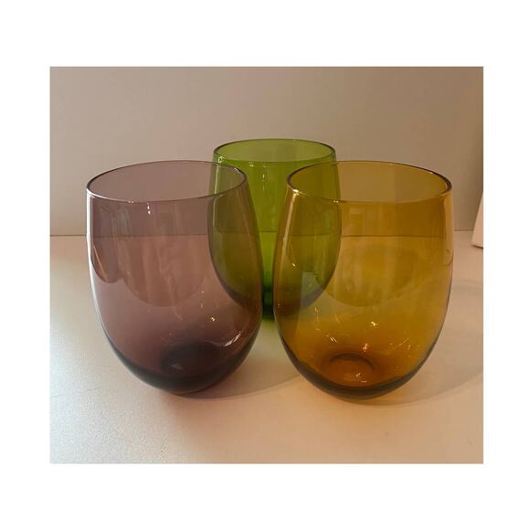 Crate and Barrel stemless wine glasses, multi color, set of 3 - Picture 3 of 5
